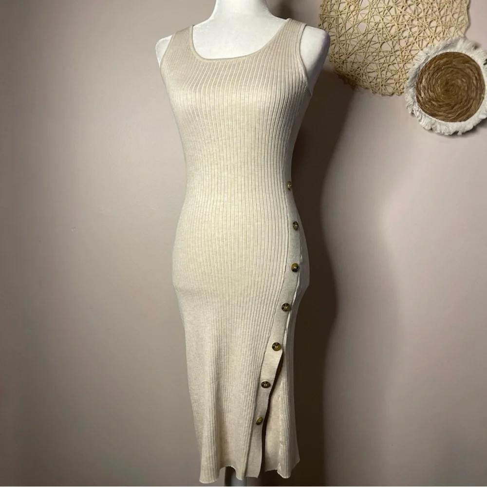 Hippie Rose Ribbed Knit Sleeveless Midi Sweater Dress (Beige) - Small